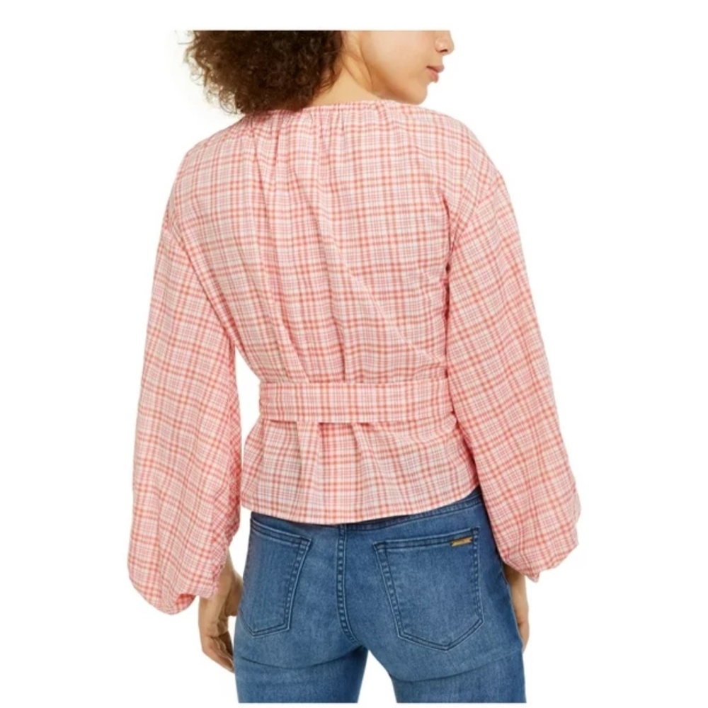 NWT MICHAEL MICHAEL KORS Coral Tie Plaid Long Sleeve Surplice Neckline Blouse - Picture 2 of 13